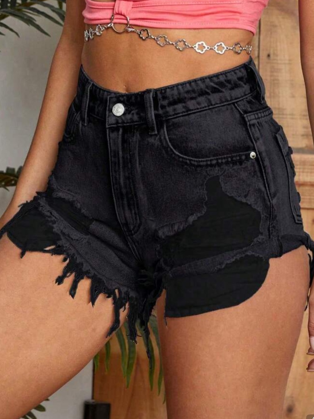 Ripped High-Rise Black Denim Jean Shorts